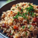 A bowl of Louisiana Dirty Rice garnished with herbs, showcasing its rich textures and flavors.
