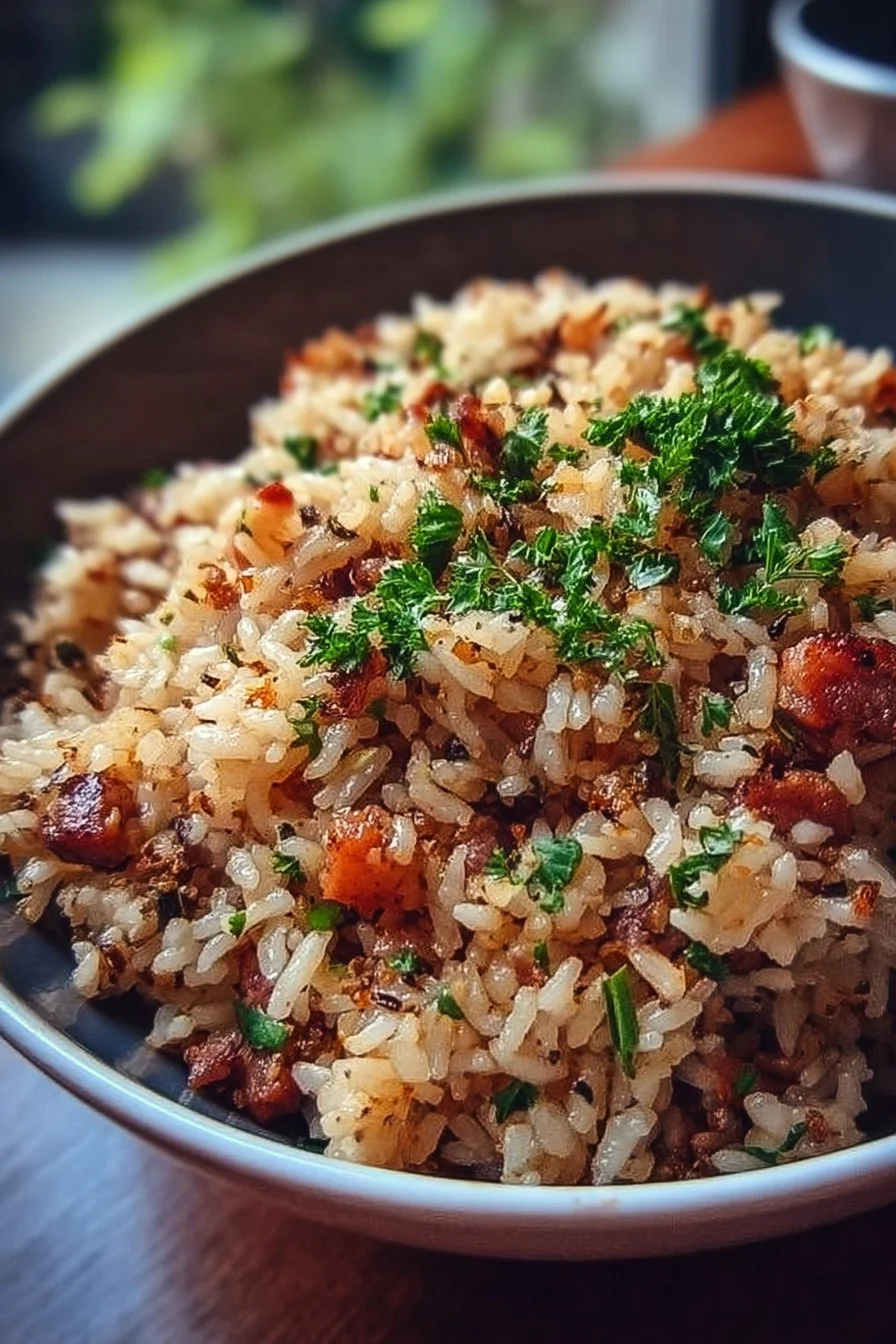 A bowl of Louisiana Dirty Rice garnished with herbs, showcasing its rich textures and flavors.