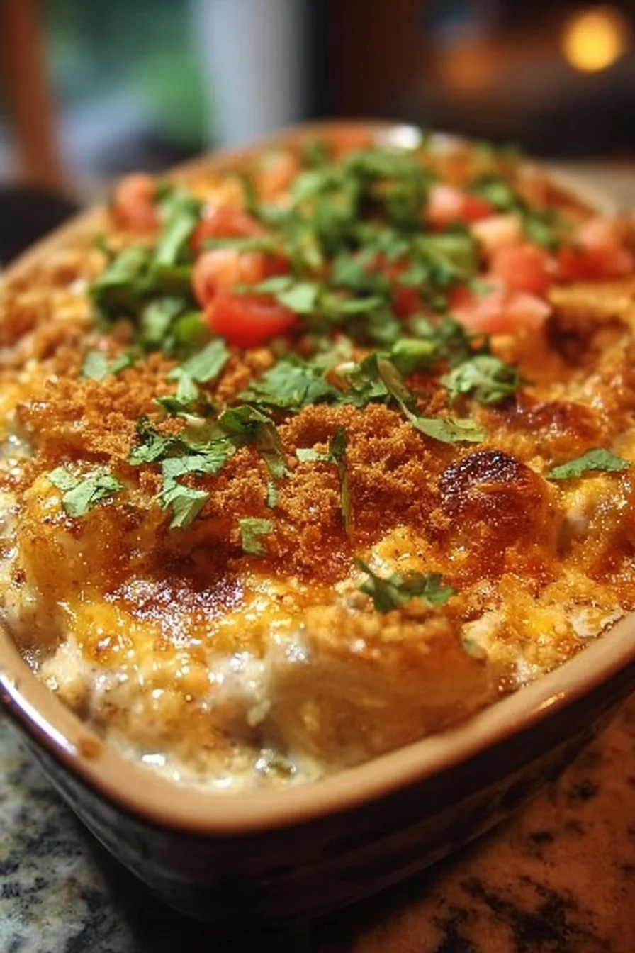 A hearty Mexican White Trash Casserole topped with cheese and spices.