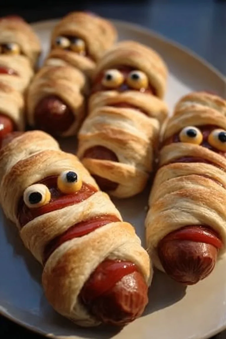 Spooky Mummy Hot Dogs wrapped in crescent dough for Halloween