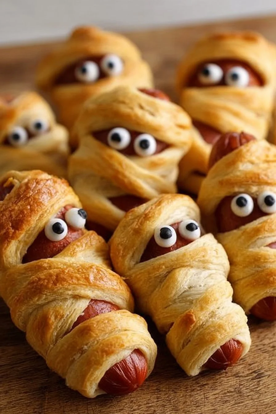 Mummy Pigs in a Blanket served on a plate for Halloween party