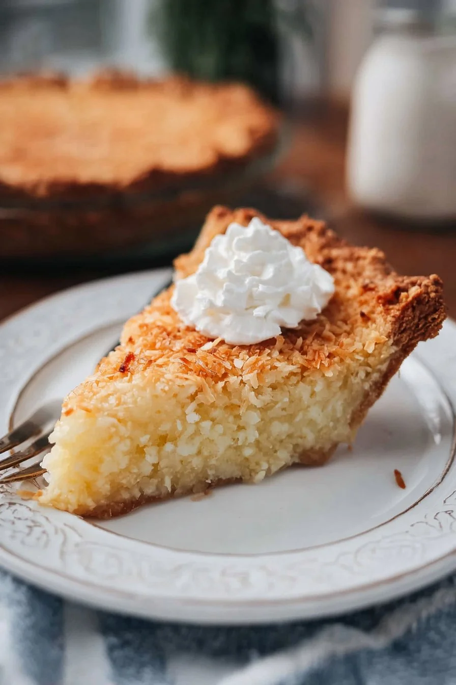 Delicious old fashion coconut pie with flaky crust and creamy coconut filling