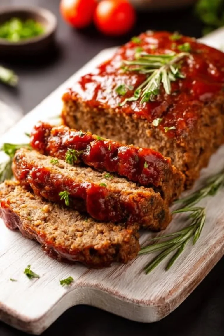 Slice of old-fashioned meatloaf served with mashed potatoes and vegetables