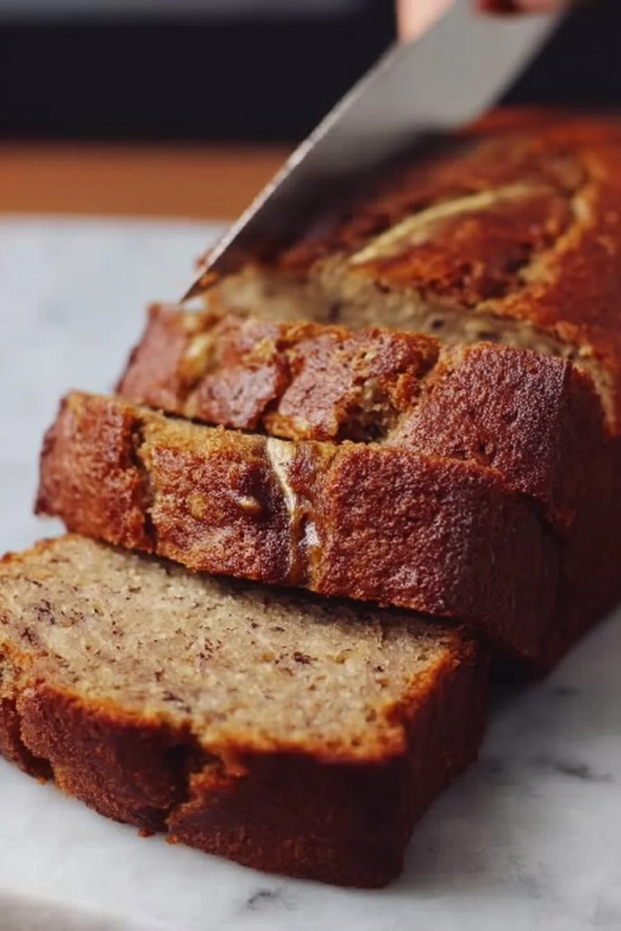 Delicious one bowl banana bread with ripe bananas and nuts on a wooden table