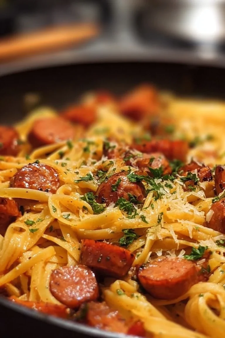 One Pot Smoked Sausage Pasta garnished with herbs in a skillet