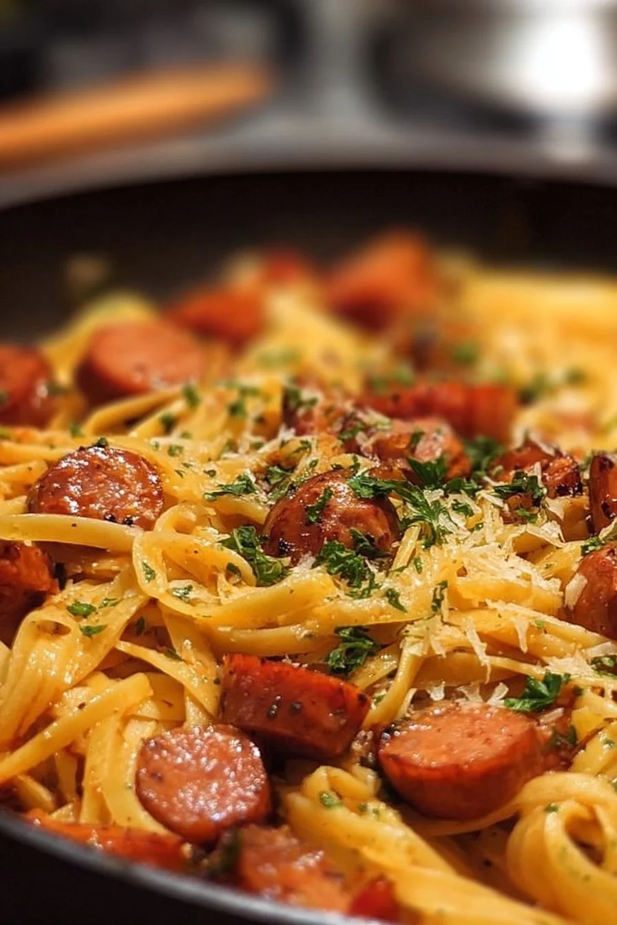 One Pot Smoked Sausage Pasta garnished with herbs in a skillet