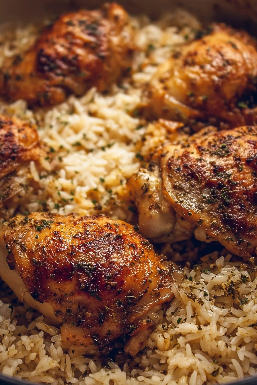 Delicious oven baked chicken served with rice on a plate