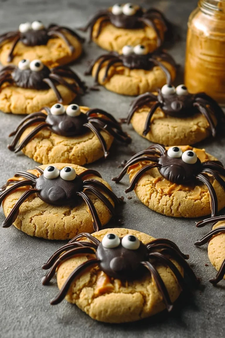 Peanut Butter Spider Halloween Cookies decorated with chocolate and candy eyes.