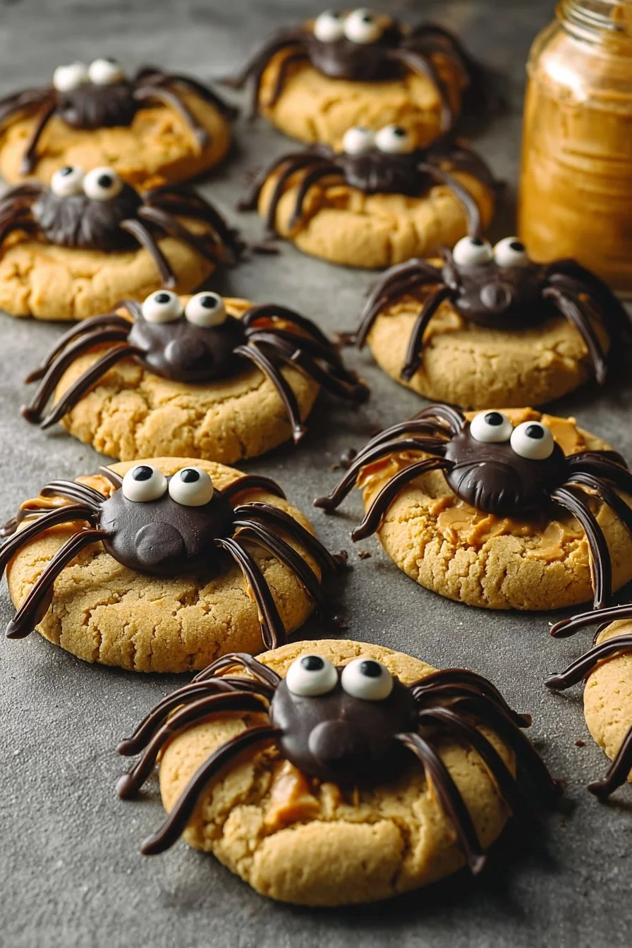 Peanut Butter Spider Halloween Cookies decorated with chocolate and candy eyes.
