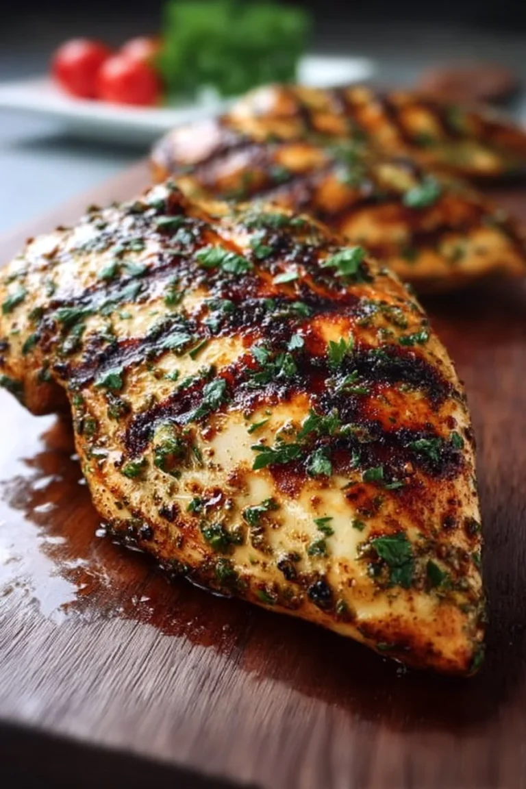 Quick grilled chicken breast on a plate with herbs and spices, ready to serve.