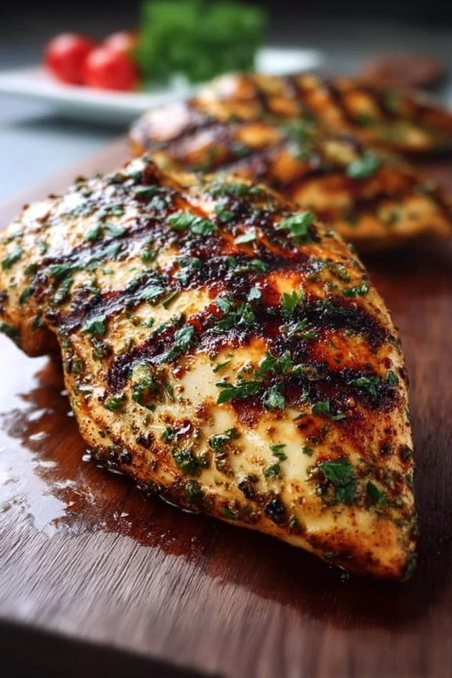Quick grilled chicken breast on a plate with herbs and spices, ready to serve.