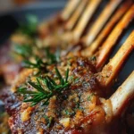 Roasted rack of lamb garnished with herbs on a serving platter