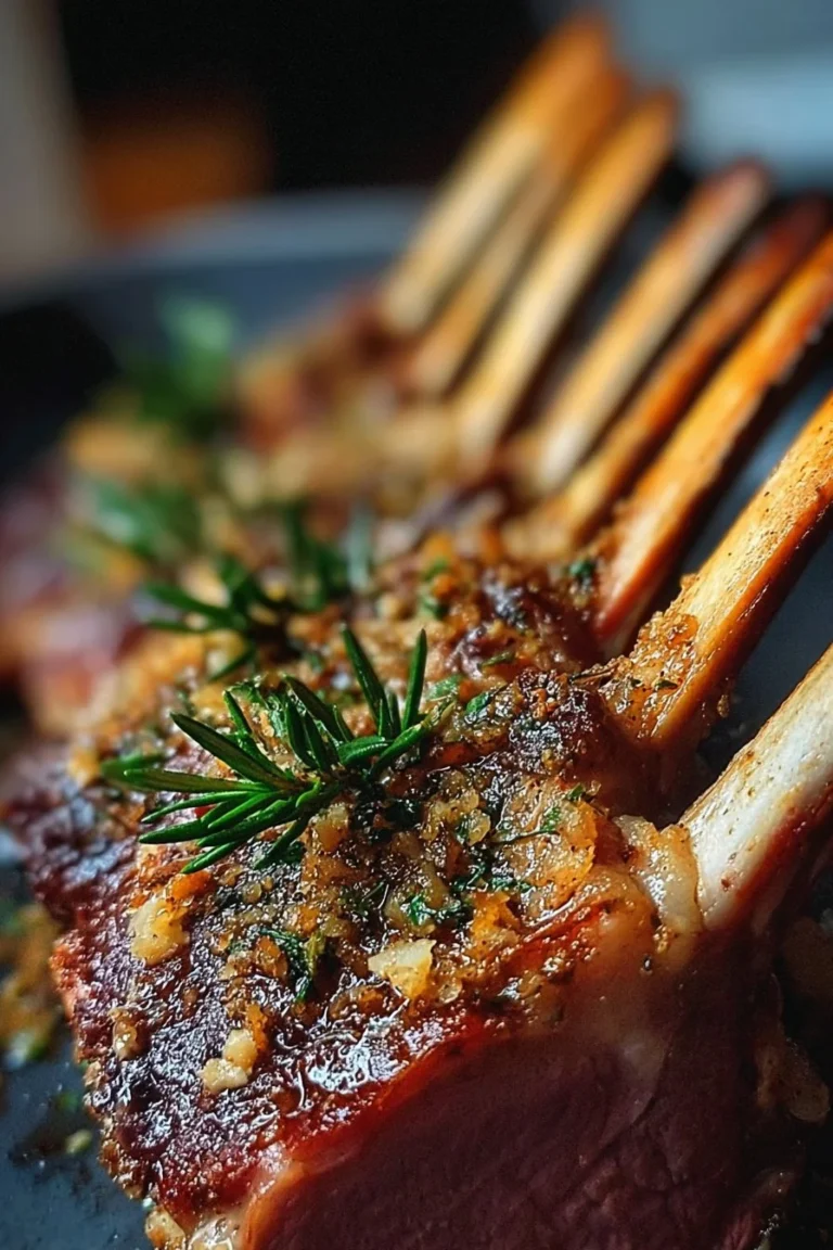 Roasted rack of lamb garnished with herbs on a serving platter