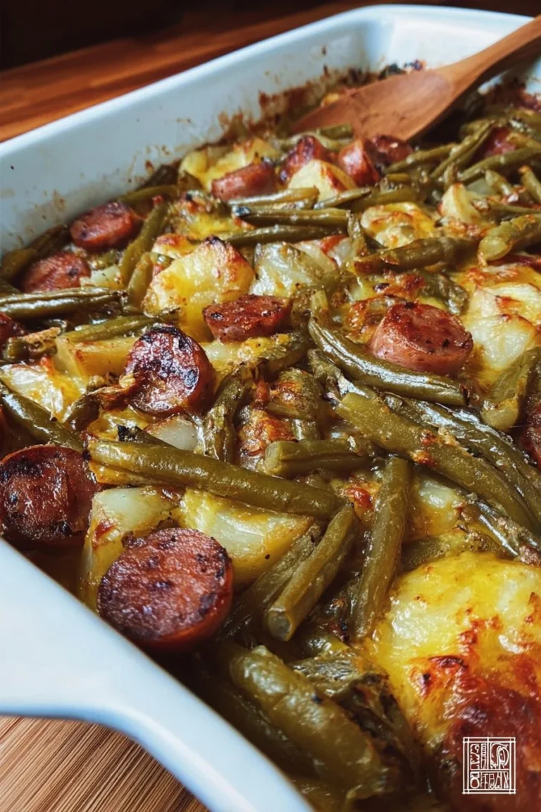 Delicious Sausage Green Bean Potato Casserole in a baking dish