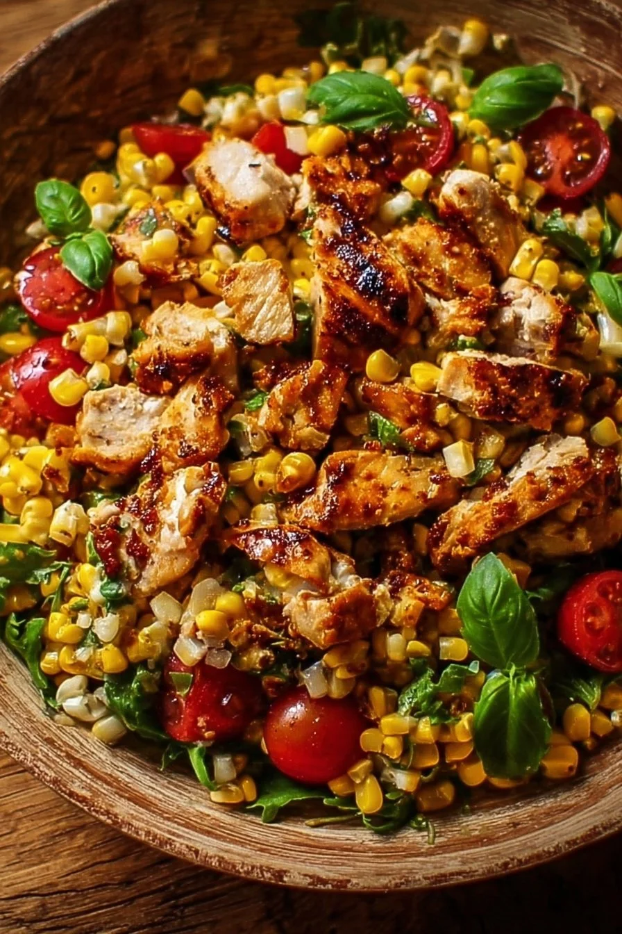 Savory BBQ chicken and corn salad served in a bowl