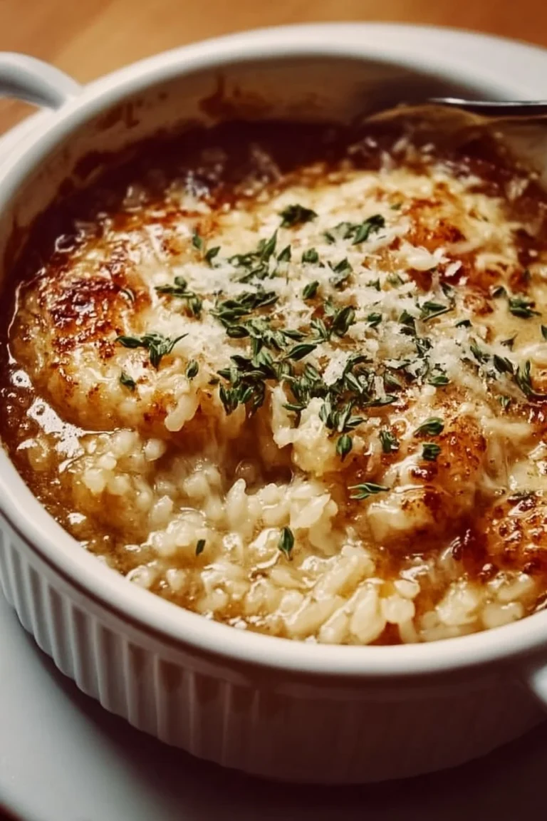 Bowl of Savory French Onion Soup Rice garnished with melted cheese and herbs