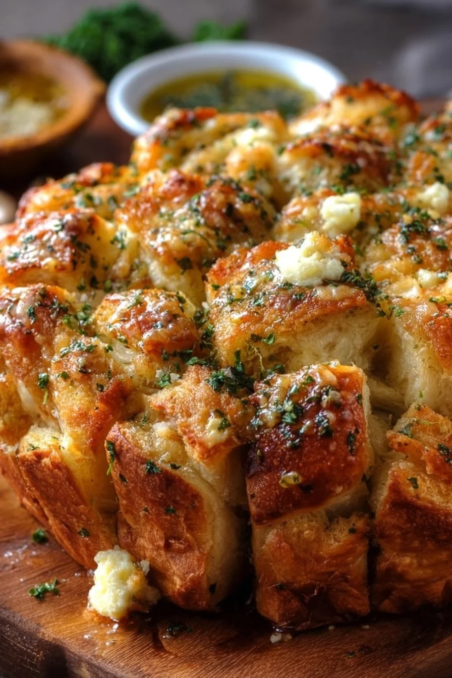 Savory garlic butter pull-apart bread bites on a wooden serving board.
