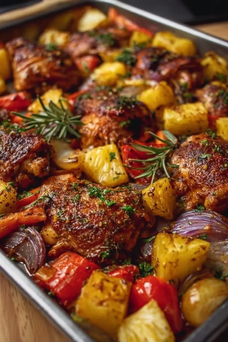 Savory Hawaiian chicken sheet pan with vibrant veggies and tropical spices.