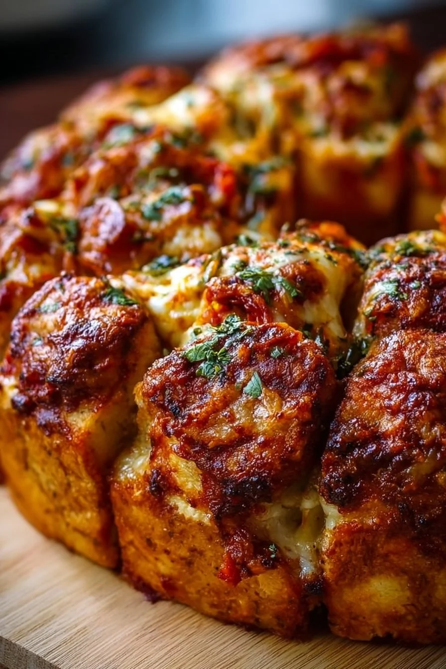 Savory pizza monkey bread dish served in a baking dish