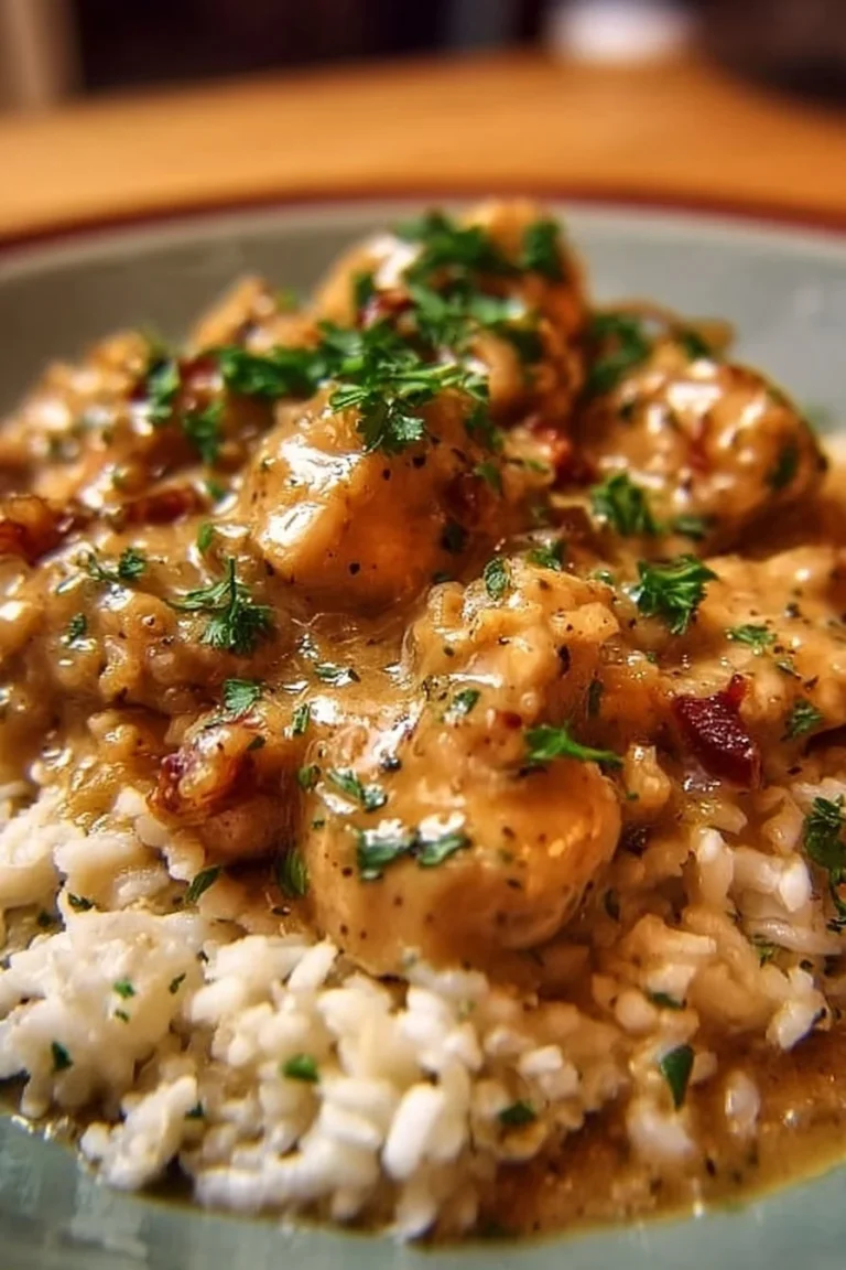 Savory southern-style smothered chicken served over rice