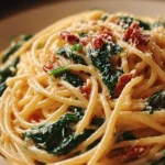 Savory spaghetti spinach with sun-dried tomato cream sauce on a plate.