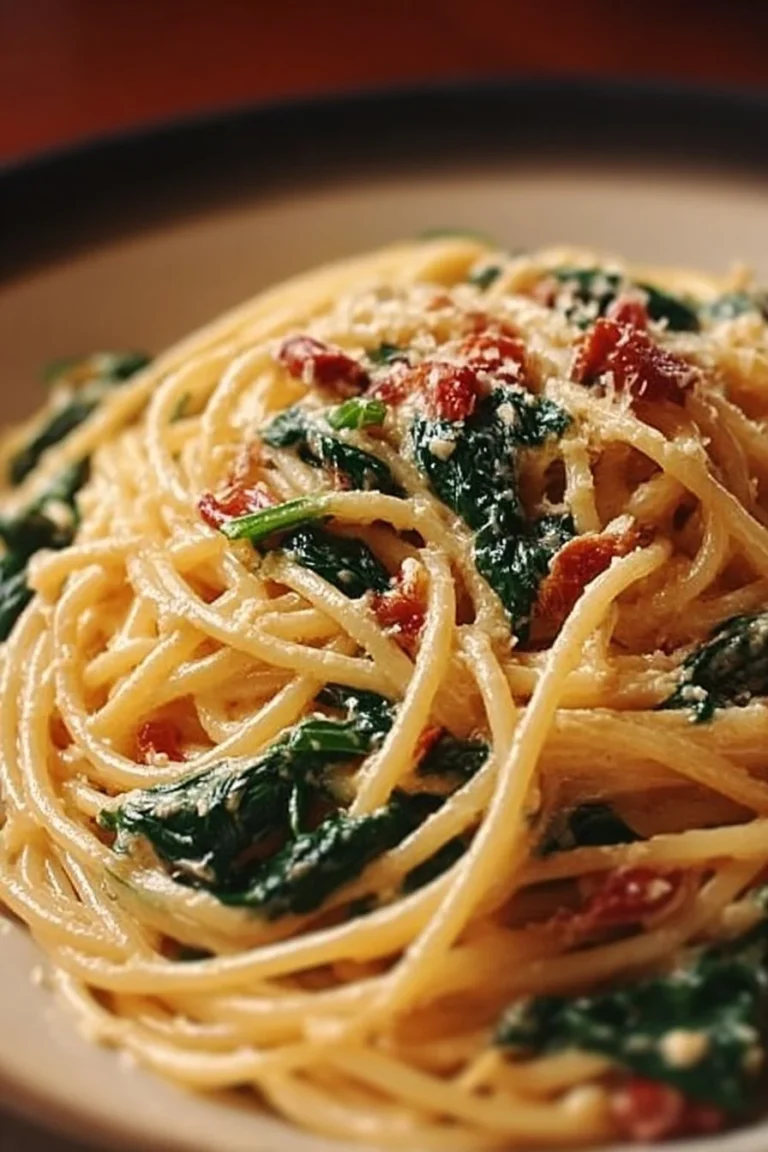 Savory spaghetti spinach with sun-dried tomato cream sauce on a plate.