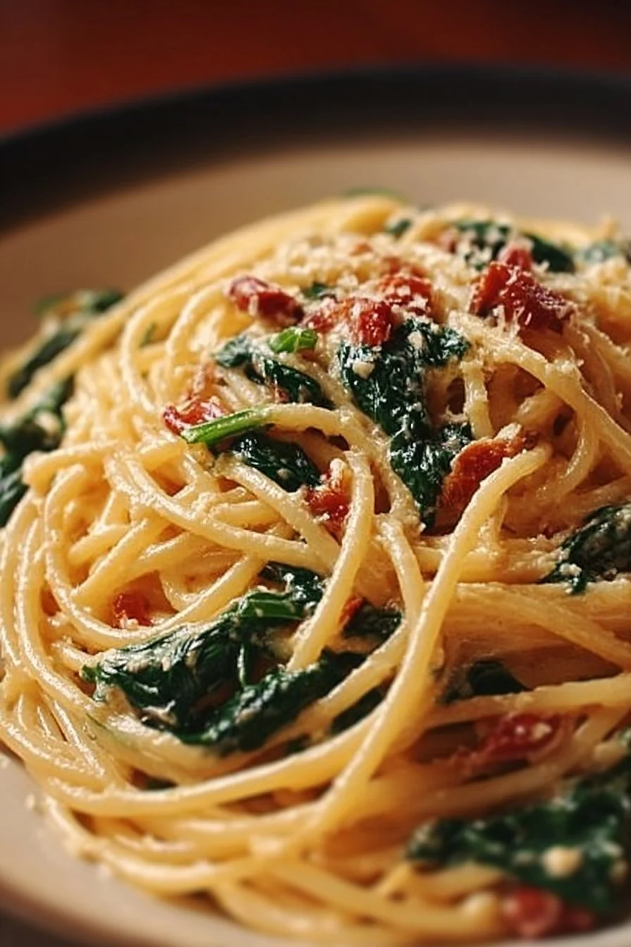 Savory spaghetti spinach with sun-dried tomato cream sauce on a plate.