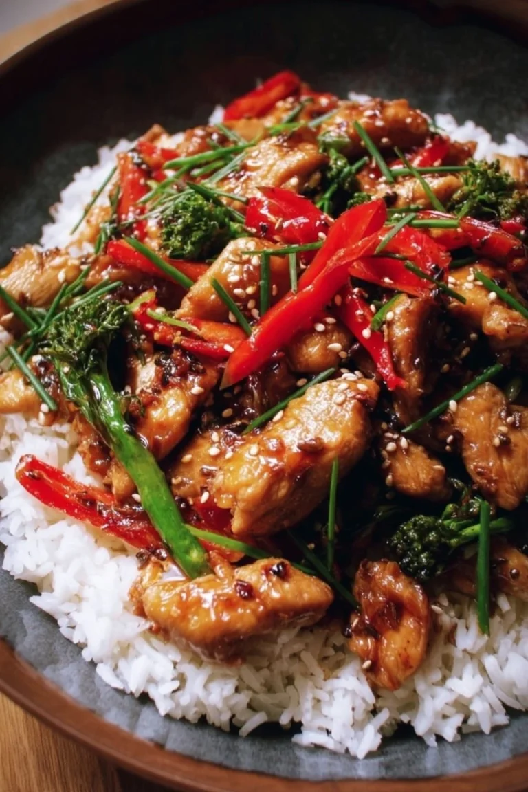 Savory sweet chili garlic chicken stir fry served in a bowl