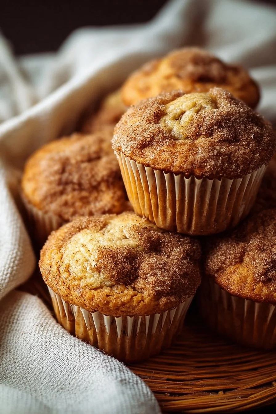 Delicious banana cinnamon muffins topped with a sprinkle of cinnamon