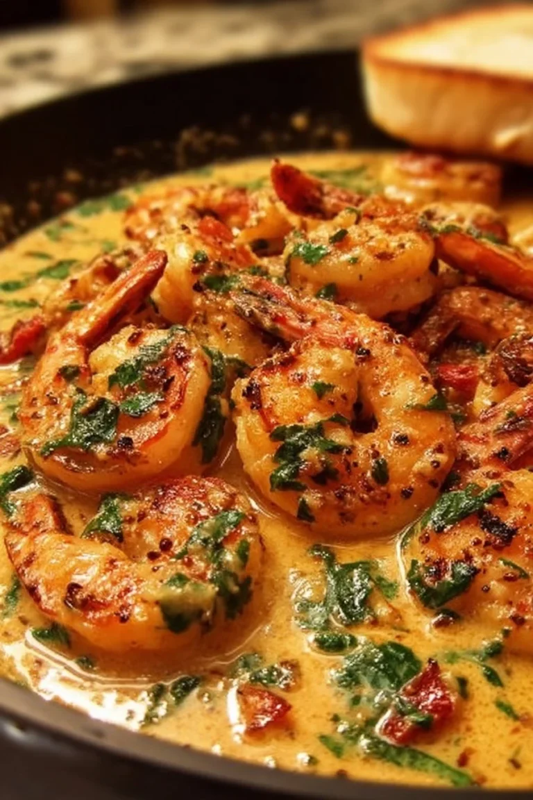 Sizzling creamy Tuscan shrimp dish served in a bowl, ready for dinner
