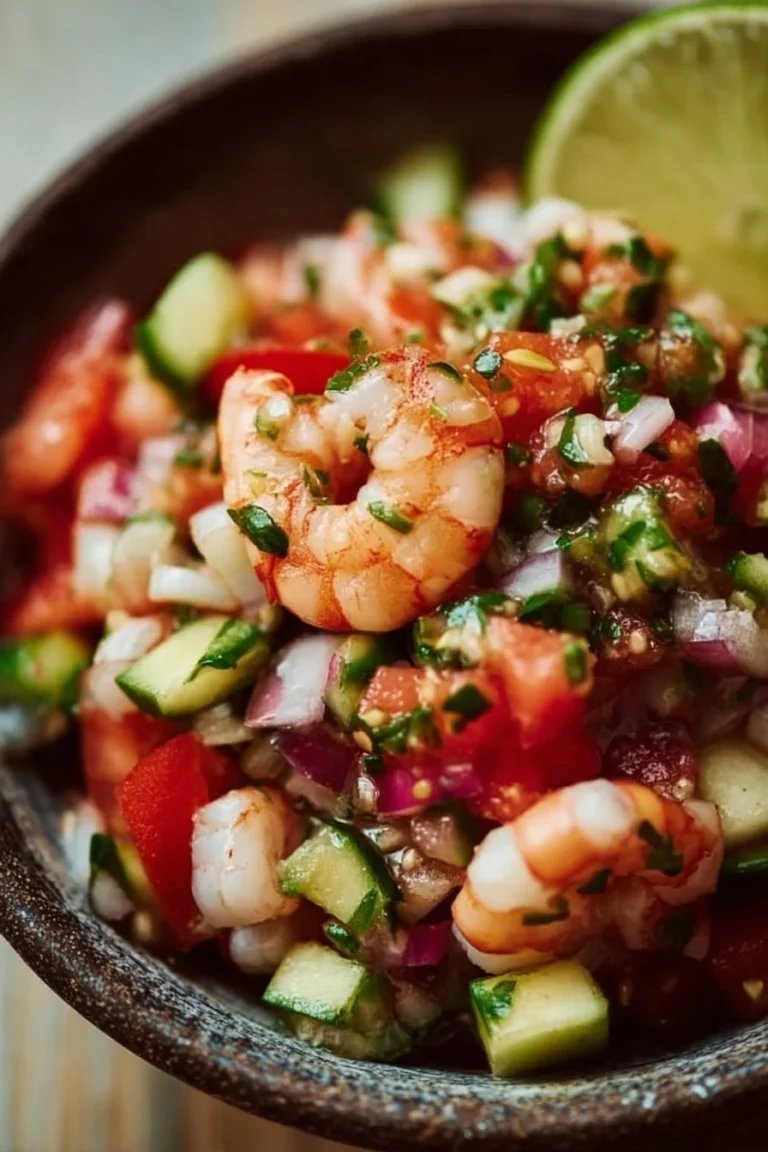 A vibrant bowl of sizzling easy shrimp ceviche with fresh ingredients.