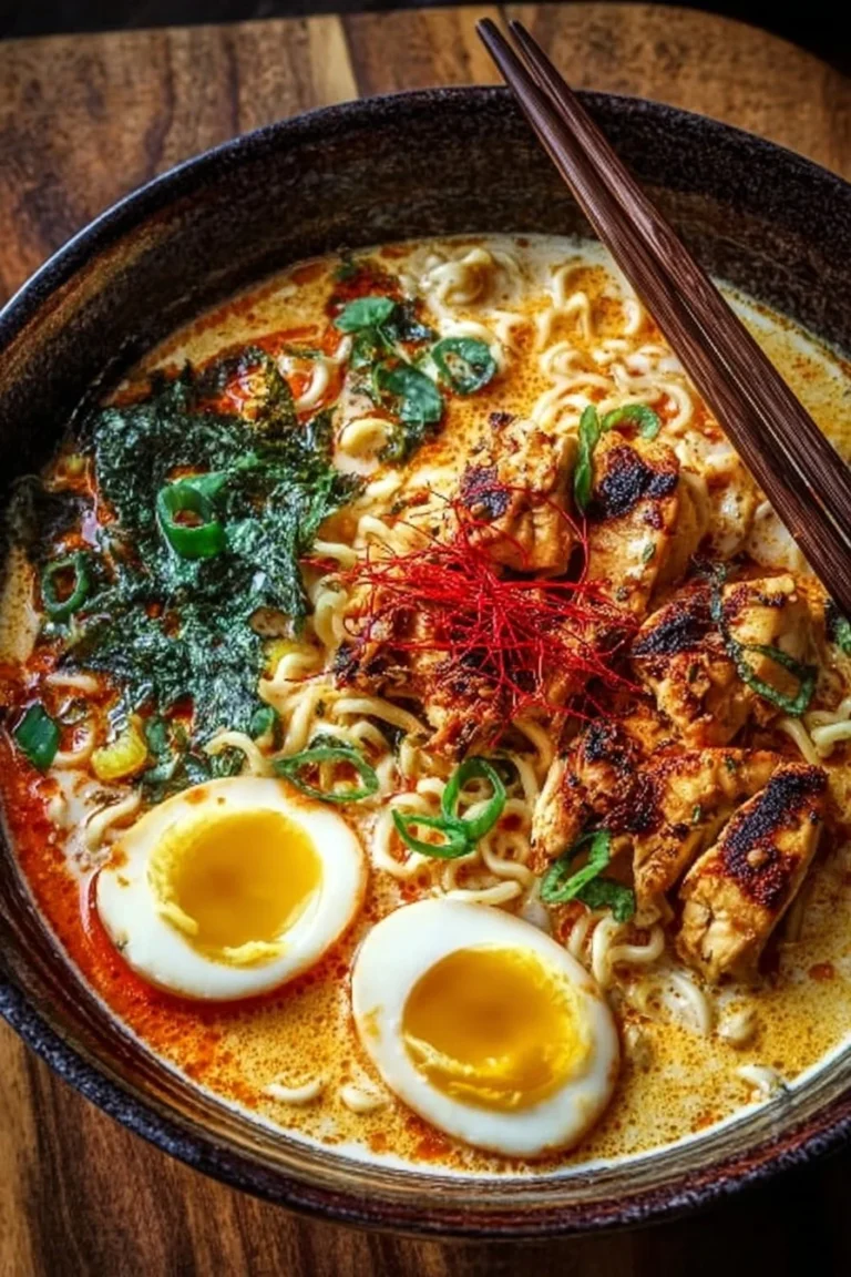 Plate of sizzling fiery chicken ramen with creamy garlic sauce garnished with herbs
