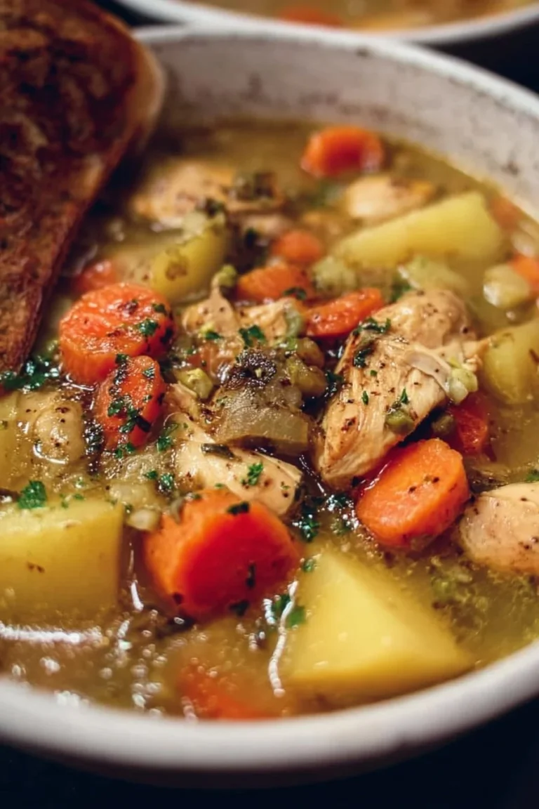 A delicious bowl of slow cooker chicken stew with vegetables and herbs