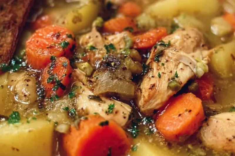 A delicious bowl of slow cooker chicken stew with vegetables and herbs