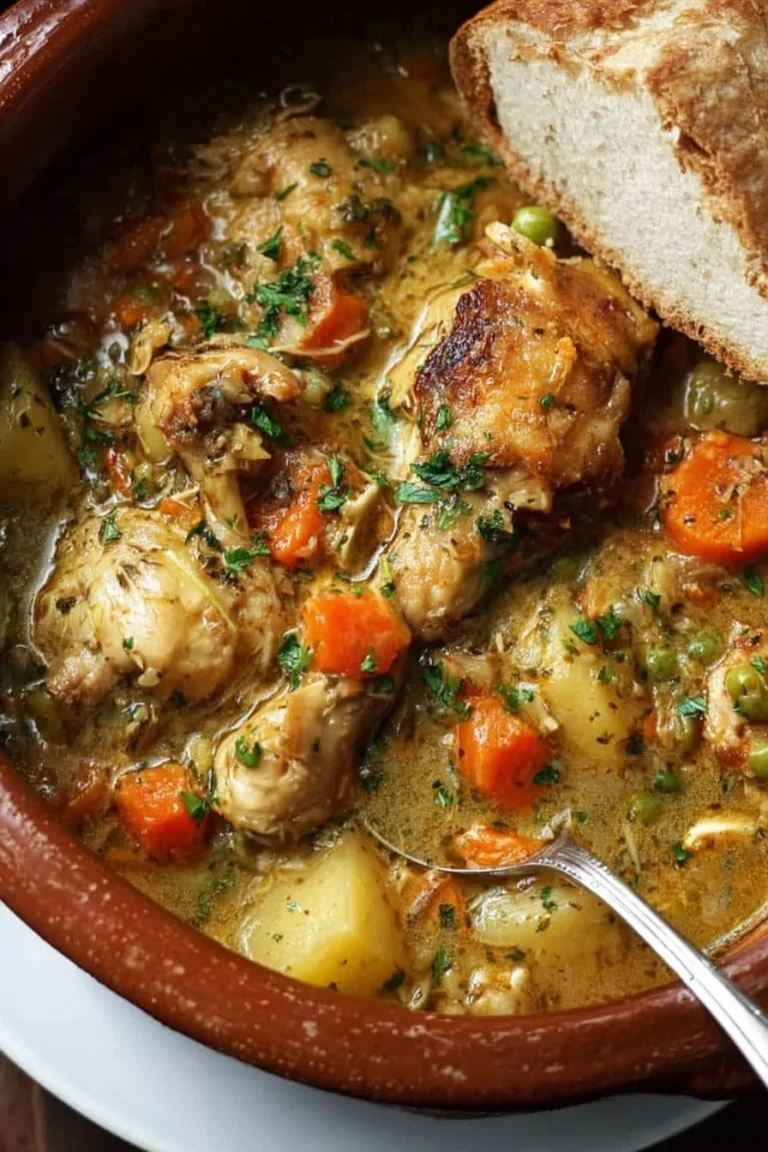 Delicious slow cooker chicken stew served in a bowl with fresh vegetables.