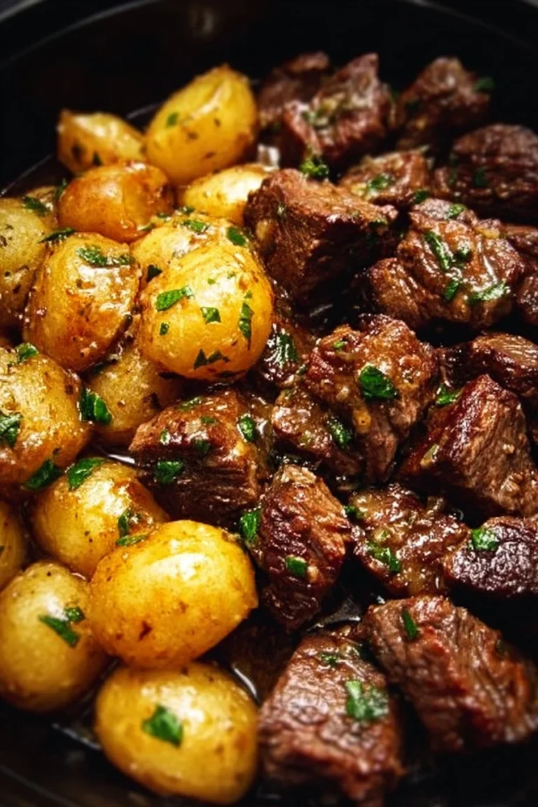 Slow cooker garlic butter beef bites served with potatoes in a bowl