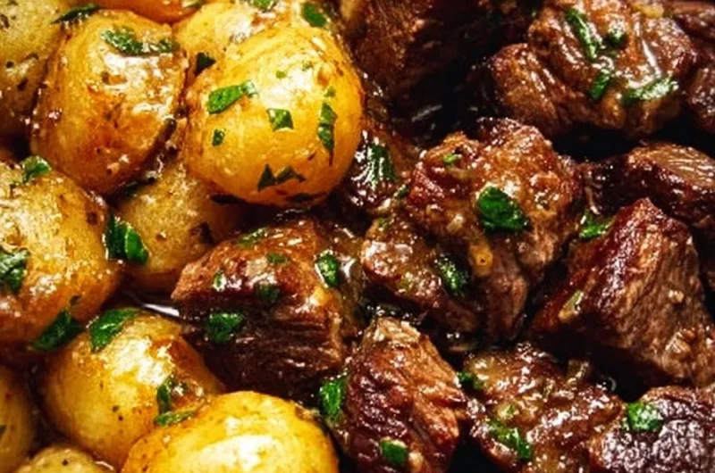Slow cooker garlic butter beef bites served with potatoes in a bowl