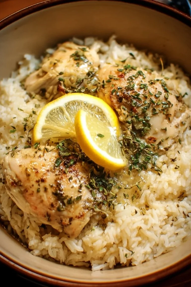 Delicious slow cooker lemon herb chicken served with rice.