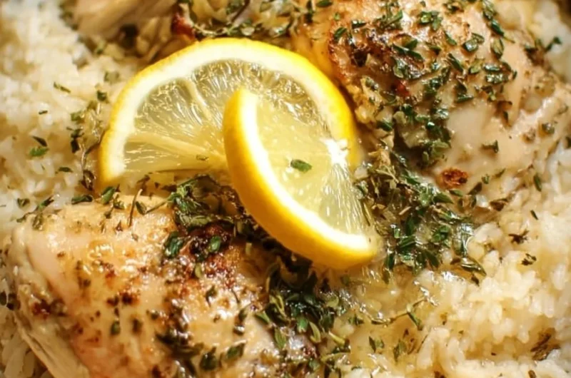Delicious slow cooker lemon herb chicken served with rice.