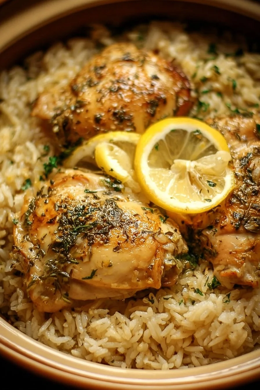Slow Cooker Lemon Herb Chicken served with rice on a plate