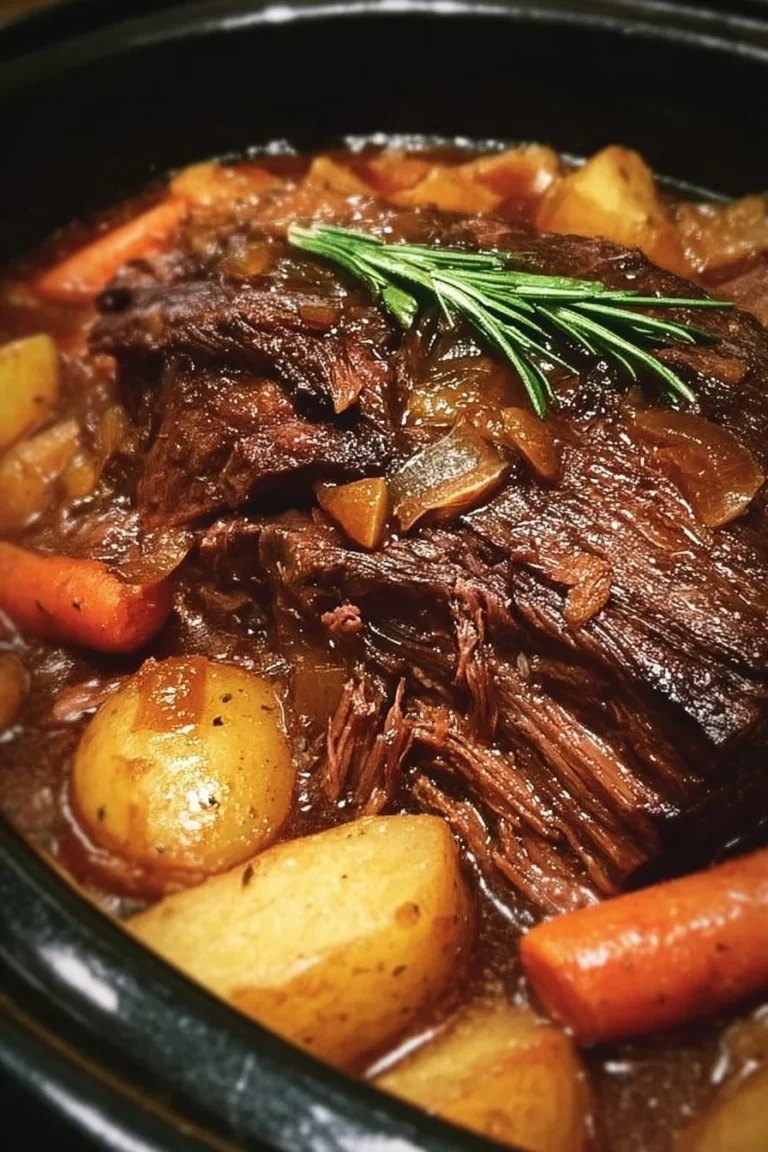 Slow Cooker Three Envelope Pot Roast served on a plate with vegetables.