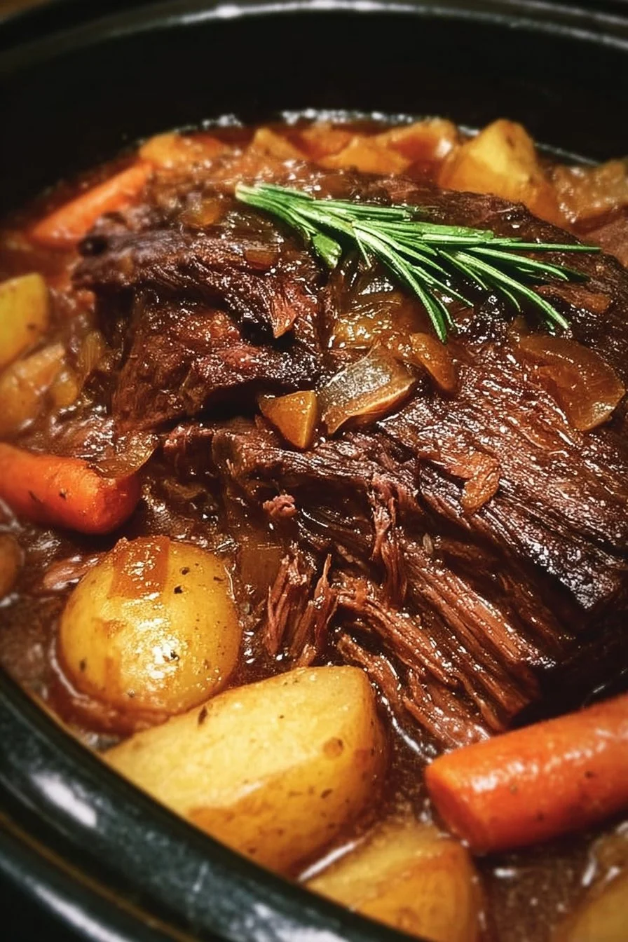 Slow Cooker Three Envelope Pot Roast served on a plate with vegetables.