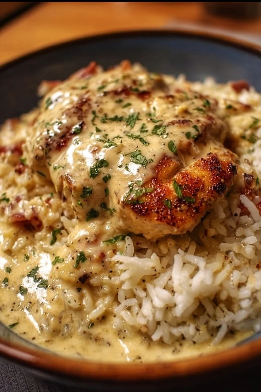 Smoky creamy smothered chicken and rice served on a plate for a family dinner