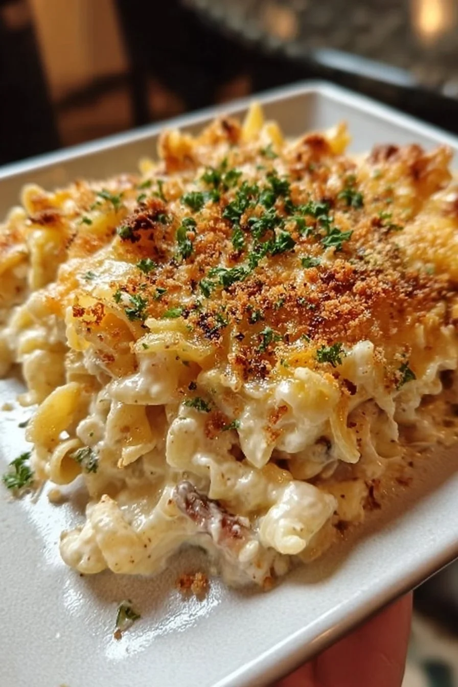 Delicious sour cream noodle bake casserole served fresh from the oven.
