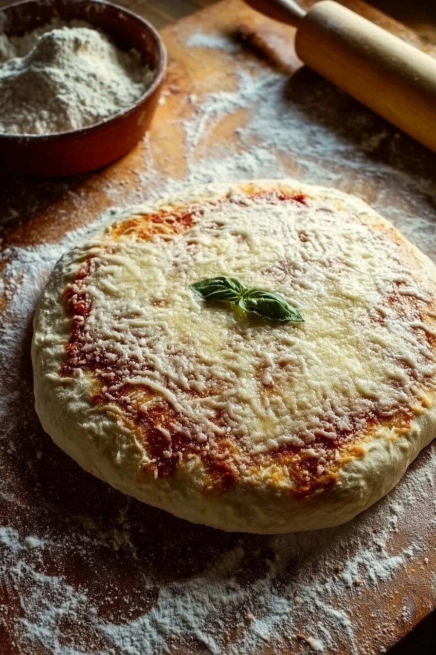 Homemade sourdough pizza dough prepared on a wooden surface.