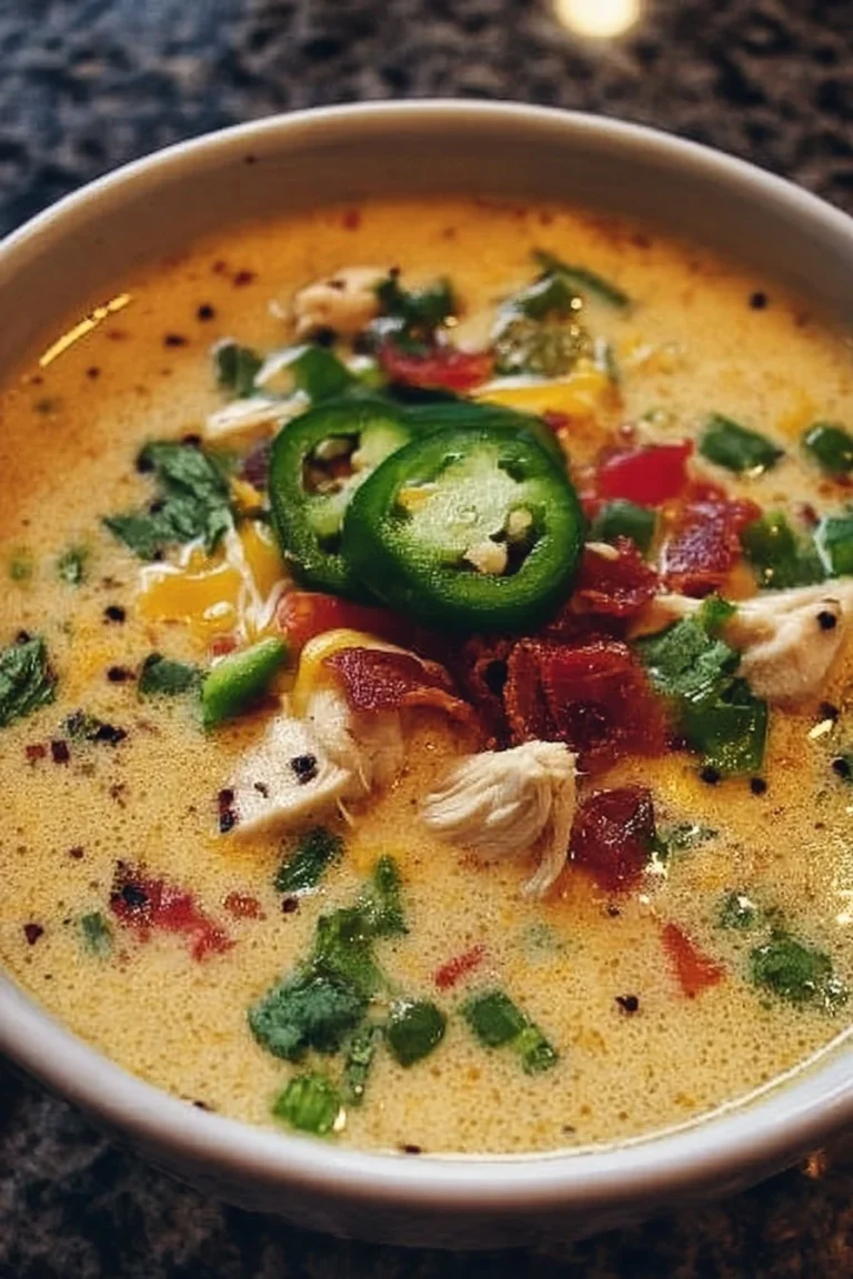 Bowl of spicy jalapeño popper chicken soup garnished with jalapeños and cheese