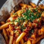 Delicious Spicy Louisiana Voodoo Fries topped with flavorful seasonings and sauces.