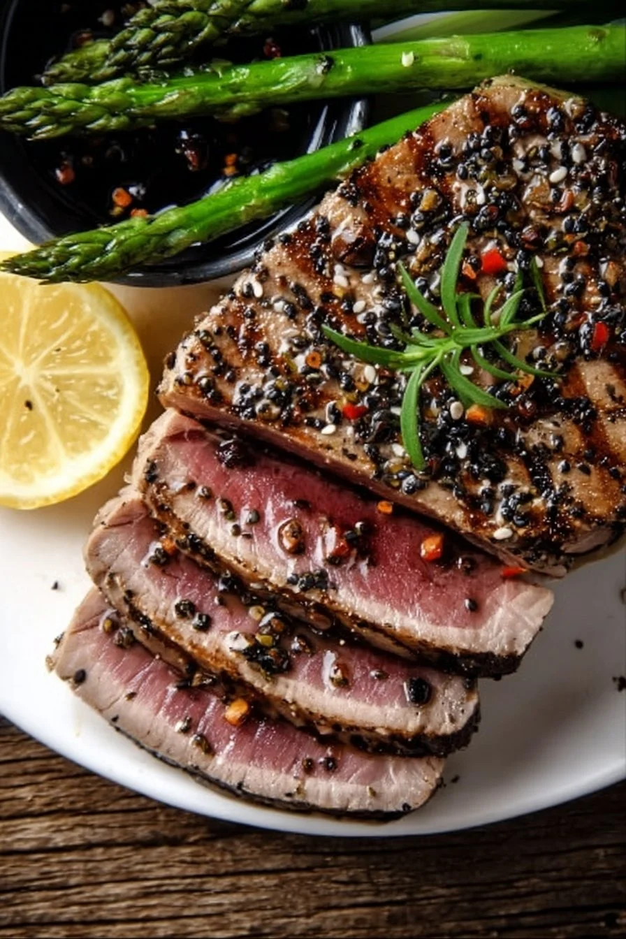 Deliciously cooked tuna steak served on a plate with fresh garnishes.