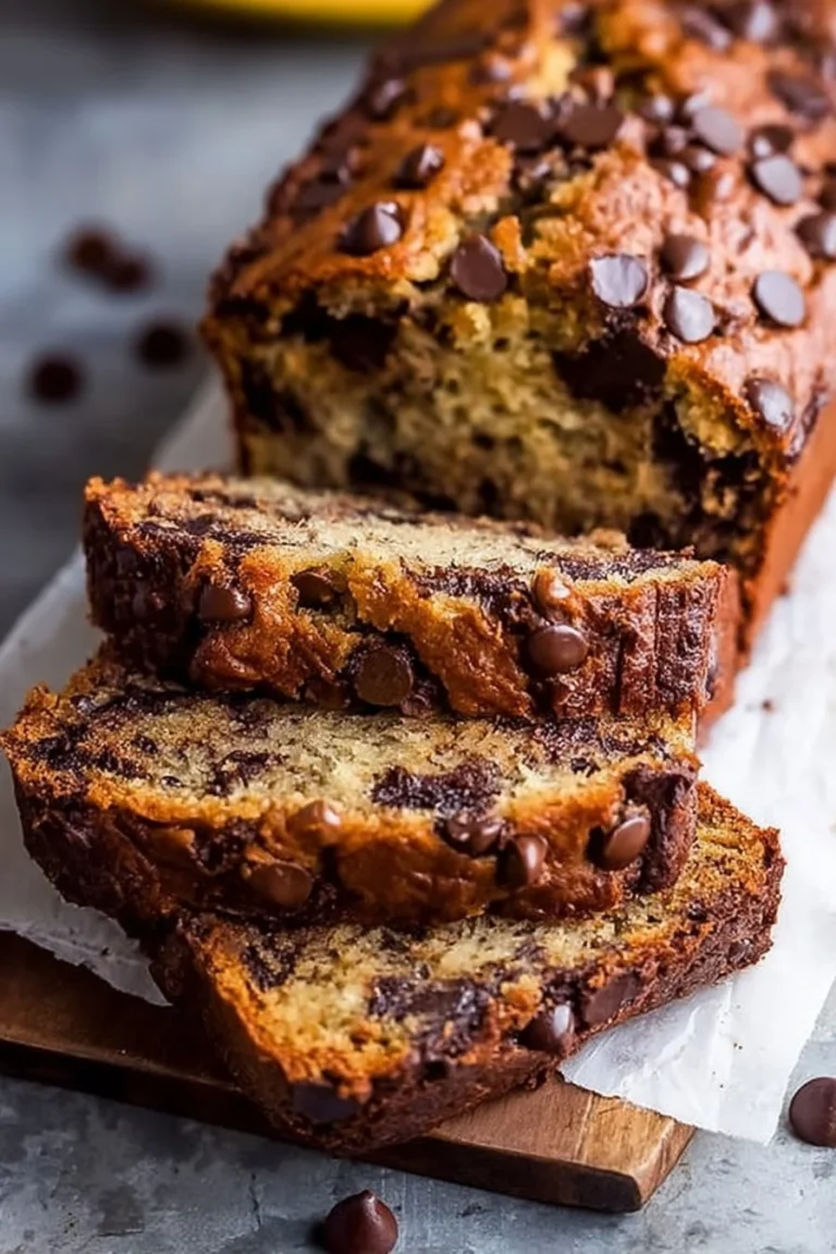 Moist chocolate chip banana bread sliced on a wooden board
