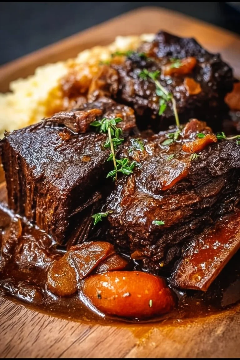 Super tender crockpot beef short ribs served with garnish